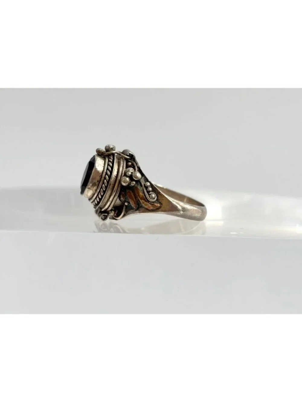 Poison Box Art Deco Style Hinged Garnet Sterling Silver 925 Vintage Ring sz 5.25